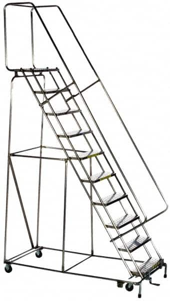 Ballymore - 96-1/2" 7 Step Ladder - Rolling Safety Ladder, 300 Lb Capacity, 66-1/2" Platform Height, 30" Base Width x 49" Base Depth, Solid Ribbed Tread - Benchmark Tooling