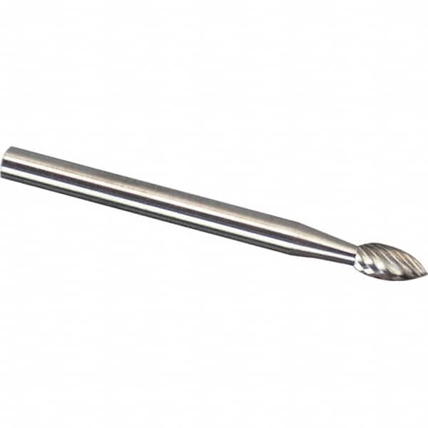 Made in USA - 3mm Cut Diam, 0.1181" Shank Diam, Tree Head Single Cut Burr - Carbide, 6mm LOC, 38mm OAL - Benchmark Tooling