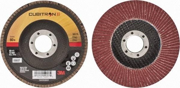 3M - 80 Grit, 4-1/2" Disc Diam, 7/8" Center Hole, Type 27 Ceramic Flap Disc - 13,300 Max RPM, Cloth Backing, Arbor Attaching System, Coated - Benchmark Tooling