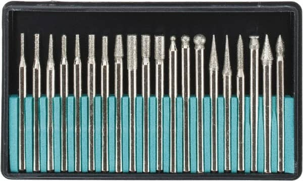 Value Collection - 20 Piece Diamond Abrasive Grinding Pin Set - Includes 1-3/4" Diam Long x 1/8" Diam Shank - Benchmark Tooling