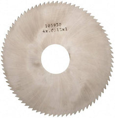 Made in USA - 4" Diam x 0.0312" Blade Thickness x 1" Arbor Hole Diam, 80 Tooth Slitting and Slotting Saw - Arbor Connection, Right Hand, Uncoated, Solid Carbide, 5° Rake, Concave Ground - Benchmark Tooling