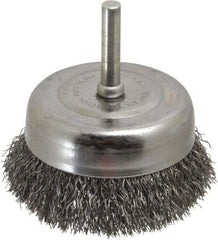 Made in USA - 2-3/4" Diam, 1/4" Shank Crimped Wire Steel Cup Brush - 0.0118" Filament Diam, 7/8" Trim Length, 13,000 Max RPM - Benchmark Tooling