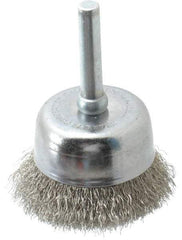 Made in USA - 1-3/4" Diam, 1/4" Shank Crimped Wire Stainless Steel Cup Brush - 0.006" Filament Diam, 3/4" Trim Length, 13,000 Max RPM - Benchmark Tooling