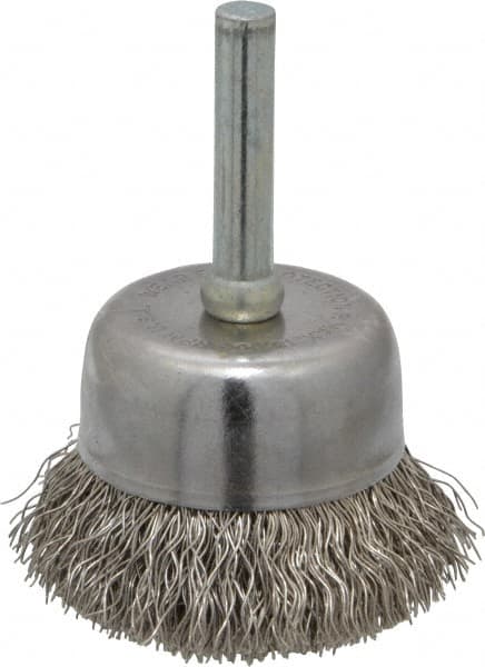 Made in USA - 1-3/4" Diam, 1/4" Shank Crimped Wire Stainless Steel Cup Brush - 0.0118" Filament Diam, 3/4" Trim Length, 13,000 Max RPM - Benchmark Tooling