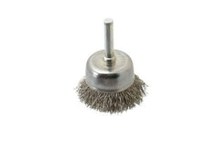 Made in USA - 1-3/4" Diam, 1/4" Shank Crimped Wire Stainless Steel Cup Brush - 0.014" Filament Diam, 3/4" Trim Length, 13,000 Max RPM - Benchmark Tooling