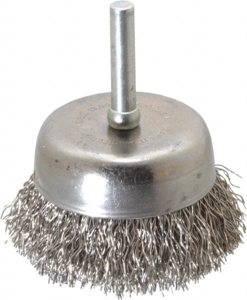 Made in USA - 2-1/4" Diam, 1/4" Shank Crimped Wire Stainless Steel Cup Brush - 0.014" Filament Diam, 5/8" Trim Length, 13,000 Max RPM - Benchmark Tooling