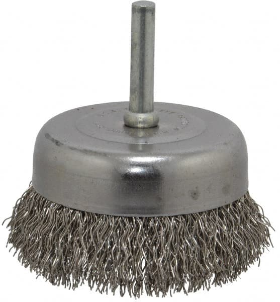 Made in USA - 2-3/4" Diam, 1/4" Shank Crimped Wire Stainless Steel Cup Brush - 0.014" Filament Diam, 7/8" Trim Length, 13,000 Max RPM - Benchmark Tooling