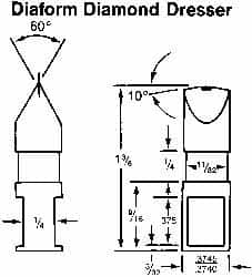 Made in USA - 0.015" Radius Single Point Diaform Diamond Dresser - 1-3/4" Long x 1/4" Shank Diam, 60° Included Angle - Benchmark Tooling