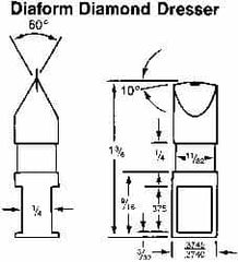 Made in USA - 0.015" Radius Single Point Diaform Diamond Dresser - 1-3/8" Long x 1/4" Shank Diam, 60° Included Angle - Benchmark Tooling