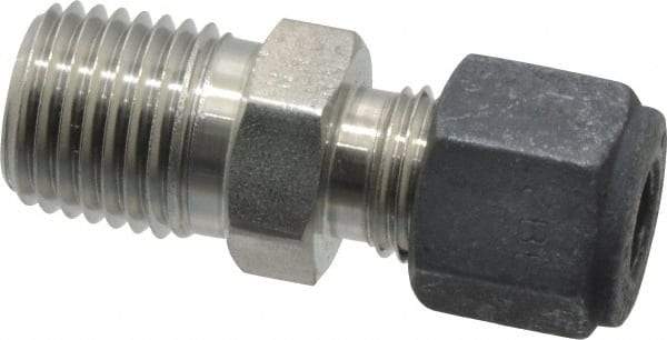 Parker - 1/4" OD, Stainless Steel Male Connector - 9/16" Hex, Comp x MNPT Ends - Benchmark Tooling