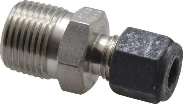 Parker - 1/4" OD, Stainless Steel Male Connector - 11/16" Hex, Comp x MNPT Ends - Benchmark Tooling