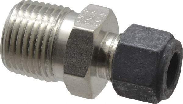 Parker - 3/8" OD, Stainless Steel Male Connector - 7/8" Hex, Comp x MNPT Ends - Benchmark Tooling
