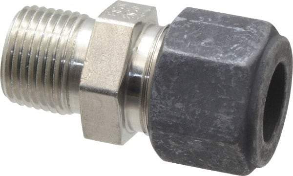 Parker - 1/2" OD, Stainless Steel Male Connector - 13/16" Hex, Comp x MNPT Ends - Benchmark Tooling