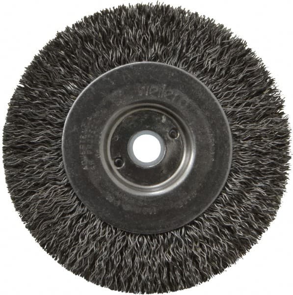 Weiler - 4" OD, 1/2" Arbor Hole, Crimped Steel Wheel Brush - 1/2" Face Width, 7/8" Trim Length, 0.014" Filament Diam, 12,500 RPM - Benchmark Tooling