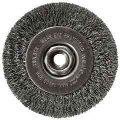 Weiler - 4" OD, 1/2-13 Arbor Hole, Crimped Steel Wheel Brush - 1/2" Face Width, 7/8" Trim Length, 0.014" Filament Diam, 14,000 RPM - Benchmark Tooling