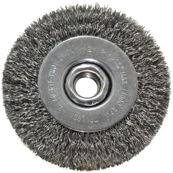 Weiler - 4" OD, 5/8-11 Arbor Hole, Crimped Steel Wheel Brush - 1/2" Face Width, 7/8" Trim Length, 0.014" Filament Diam, 14,000 RPM - Benchmark Tooling