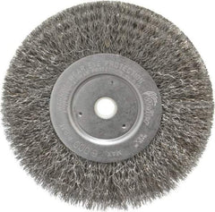 Weiler - 6" OD, 5/8" Arbor Hole, Crimped Steel Wheel Brush - 3/4" Face Width, 1-7/16" Trim Length, 0.0104" Filament Diam, 6,000 RPM - Benchmark Tooling