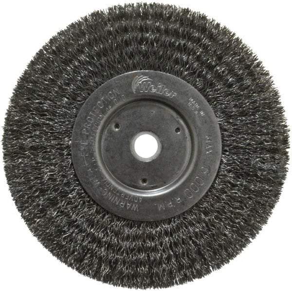 Weiler - 6" OD, 5/8" Arbor Hole, Crimped Steel Wheel Brush - 3/4" Face Width, 1-7/16" Trim Length, 0.0118" Filament Diam, 6,000 RPM - Benchmark Tooling