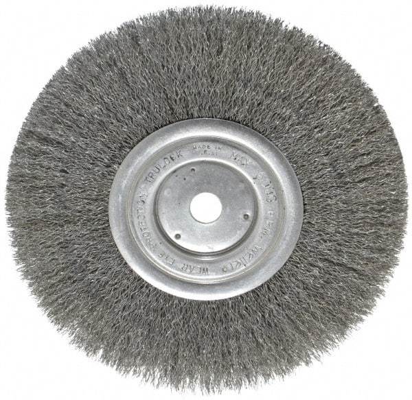 Weiler - 8" OD, 5/8" Arbor Hole, Crimped Steel Wheel Brush - 3/4" Face Width, 2-1/16" Trim Length, 0.0104" Filament Diam, 6,000 RPM - Benchmark Tooling