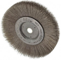 Weiler - 6" OD, 5/8" Arbor Hole, Crimped Stainless Steel Wheel Brush - 3/4" Face Width, 1-7/16" Trim Length, 0.006" Filament Diam, 6,000 RPM - Benchmark Tooling