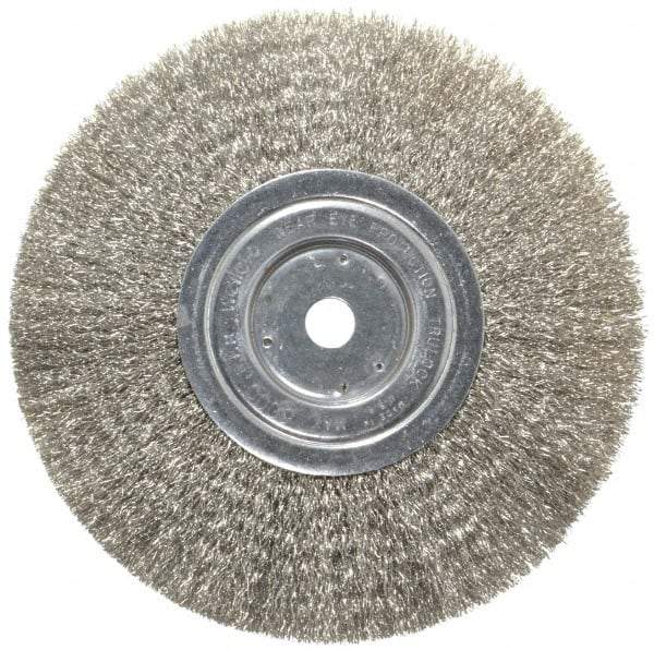 Weiler - 8" OD, 5/8" Arbor Hole, Crimped Stainless Steel Wheel Brush - 3/4" Face Width, 2-1/16" Trim Length, 0.0118" Filament Diam, 6,000 RPM - Benchmark Tooling