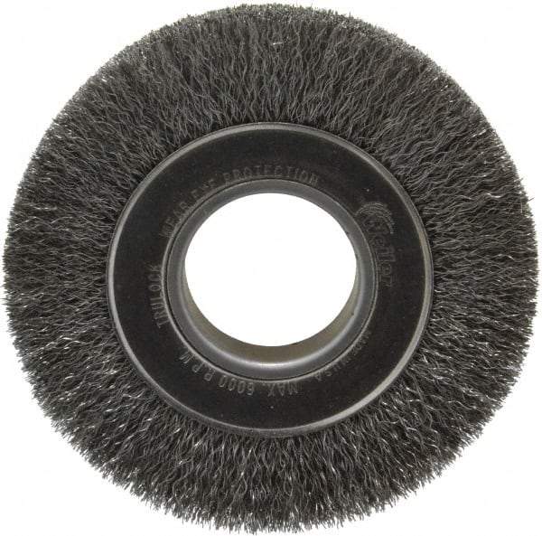 Weiler - 6" OD, 2" Arbor Hole, Crimped Steel Wheel Brush - 1" Face Width, 1-1/8" Trim Length, 0.0104" Filament Diam, 6,000 RPM - Benchmark Tooling