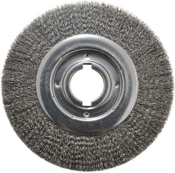 Weiler - 10" OD, 2" Arbor Hole, Crimped Steel Wheel Brush - 1-1/8" Face Width, 2" Trim Length, 0.014" Filament Diam, 3,600 RPM - Benchmark Tooling