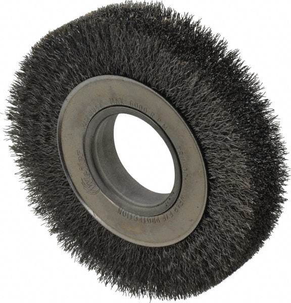 Weiler - 6" OD, 2" Arbor Hole, Crimped Steel Wheel Brush - 1-1/4" Face Width, 1-1/8" Trim Length, 0.0104" Filament Diam, 6,000 RPM - Benchmark Tooling