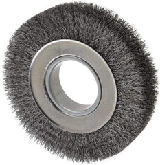 Weiler - 6" OD, 2" Arbor Hole, Crimped Steel Wheel Brush - 1-1/4" Face Width, 1-1/8" Trim Length, 0.0118" Filament Diam, 6,000 RPM - Benchmark Tooling