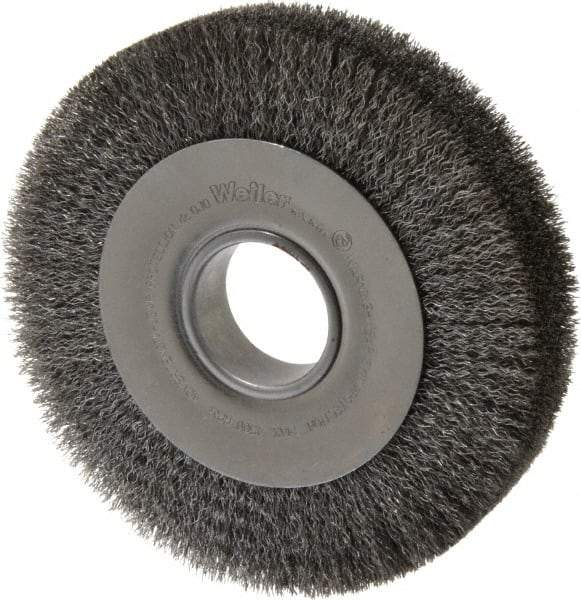 Weiler - 8" OD, 2" Arbor Hole, Crimped Steel Wheel Brush - 1-1/2" Face Width, 1-3/8" Trim Length, 0.0118" Filament Diam, 4,500 RPM - Benchmark Tooling