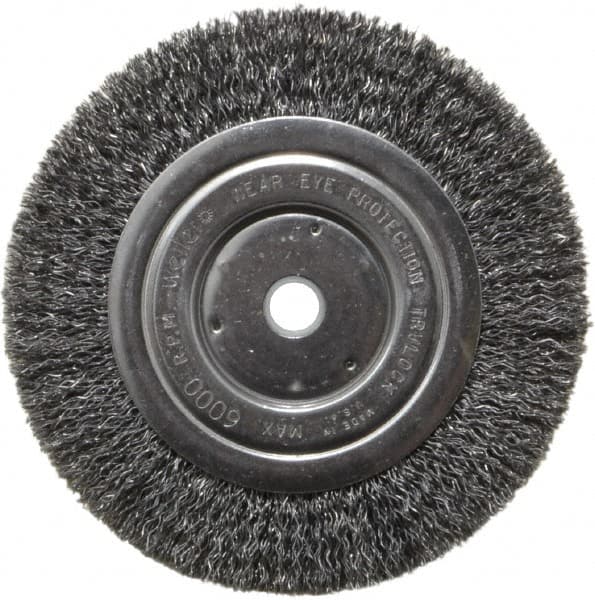 Weiler - 6" OD, 5/8" Arbor Hole, Crimped Steel Wheel Brush - 5/8" Face Width, 1-1/16" Trim Length, 0.014" Filament Diam, 6,000 RPM - Benchmark Tooling