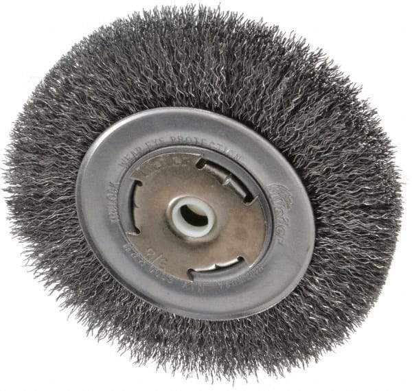 Weiler - 6" OD, 5/8" Arbor Hole, Crimped Steel Wheel Brush - 7/8" Face Width, 1-1/8" Trim Length, 0.014" Filament Diam, 6,000 RPM - Benchmark Tooling