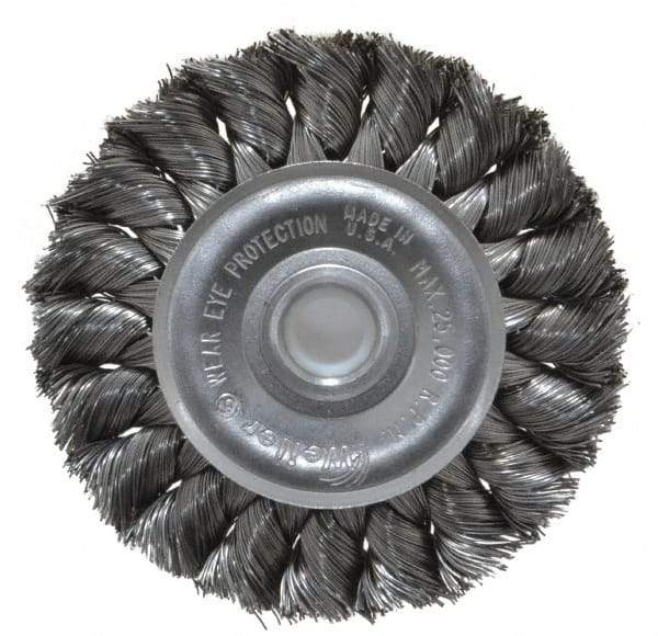 Weiler - 3" OD, 1/2" Arbor Hole, Knotted Steel Wheel Brush - 3/8" Face Width, 5/8" Trim Length, 0.0118" Filament Diam, 25,000 RPM - Benchmark Tooling