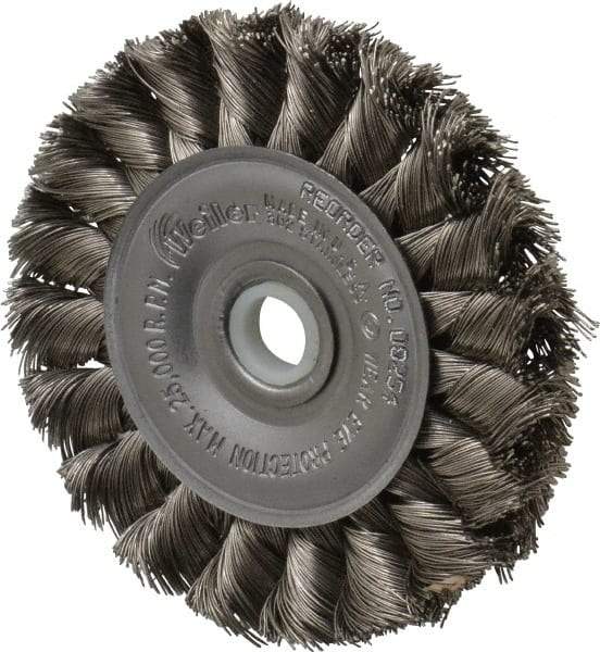 Weiler - 3" OD, 1/2" Arbor Hole, Knotted Stainless Steel Wheel Brush - 3/8" Face Width, 5/8" Trim Length, 0.0118" Filament Diam, 25,000 RPM - Benchmark Tooling