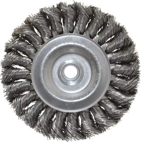 Weiler - 4" OD, 1/2" Arbor Hole, Knotted Steel Wheel Brush - 1/2" Face Width, 7/8" Trim Length, 0.014" Filament Diam, 20,000 RPM - Benchmark Tooling