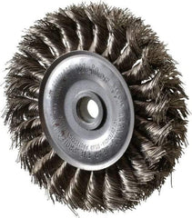 Weiler - 4" OD, 1/2" Arbor Hole, Knotted Stainless Steel Wheel Brush - 1/2" Face Width, 7/8" Trim Length, 0.014" Filament Diam, 20,000 RPM - Benchmark Tooling