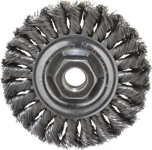 Weiler - 4" OD, 5/8-11 Arbor Hole, Knotted Steel Wheel Brush - 1/2" Face Width, 7/8" Trim Length, 0.014" Filament Diam, 20,000 RPM - Benchmark Tooling