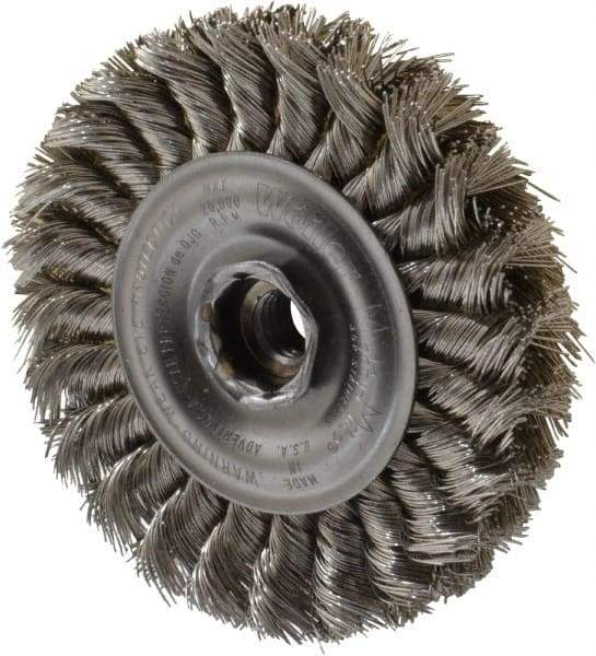 Weiler - 4" OD, 1/2-13 Arbor Hole, Knotted Stainless Steel Wheel Brush - 1/2" Face Width, 7/8" Trim Length, 0.014" Filament Diam, 20,000 RPM - Benchmark Tooling