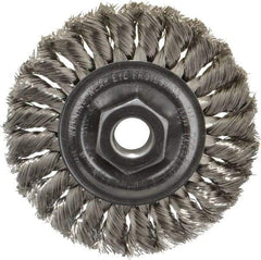 Weiler - 4" OD, 5/8-11 Arbor Hole, Knotted Stainless Steel Wheel Brush - 1/2" Face Width, 7/8" Trim Length, 0.014" Filament Diam, 20,000 RPM - Benchmark Tooling