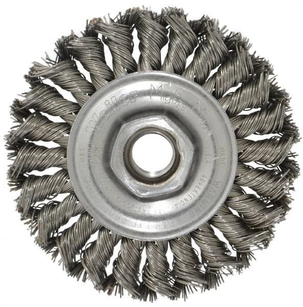 Weiler - 4" OD, 5/8-11 Arbor Hole, Knotted Steel Wheel Brush - 1/2" Face Width, 7/8" Trim Length, 0.02" Filament Diam, 20,000 RPM - Benchmark Tooling