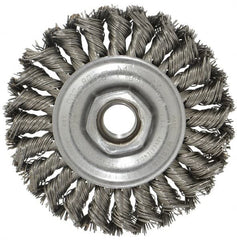 Weiler - 4" OD, 5/8-11 Arbor Hole, Knotted Steel Wheel Brush - 1/2" Face Width, 7/8" Trim Length, 0.02" Filament Diam, 20,000 RPM - Benchmark Tooling