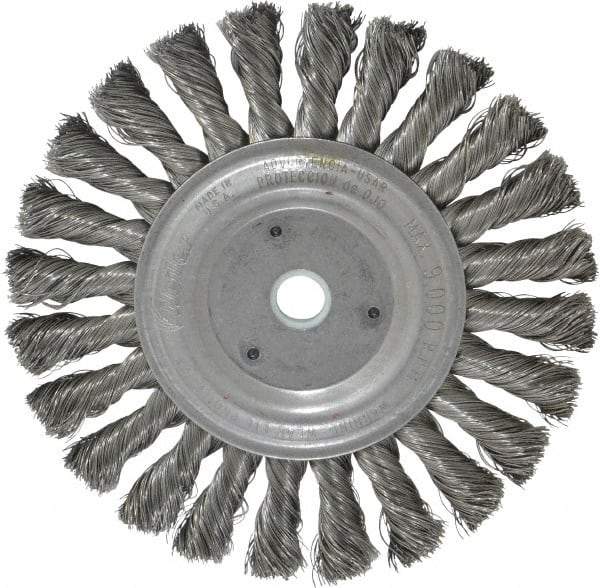 Weiler - 6" OD, 5/8" Arbor Hole, Knotted Steel Wheel Brush - 1/2" Face Width, 1-3/8" Trim Length, 0.0118" Filament Diam, 9,000 RPM - Benchmark Tooling