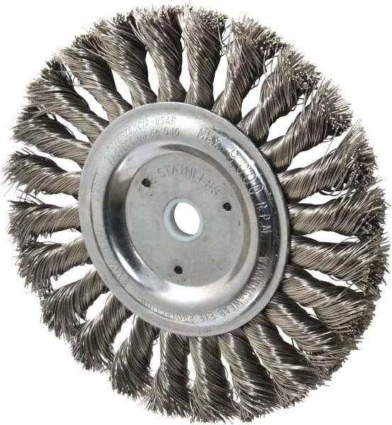 Weiler - 6" OD, 5/8" Arbor Hole, Knotted Stainless Steel Wheel Brush - 1/2" Face Width, 1-3/8" Trim Length, 0.016" Filament Diam, 9,000 RPM - Benchmark Tooling