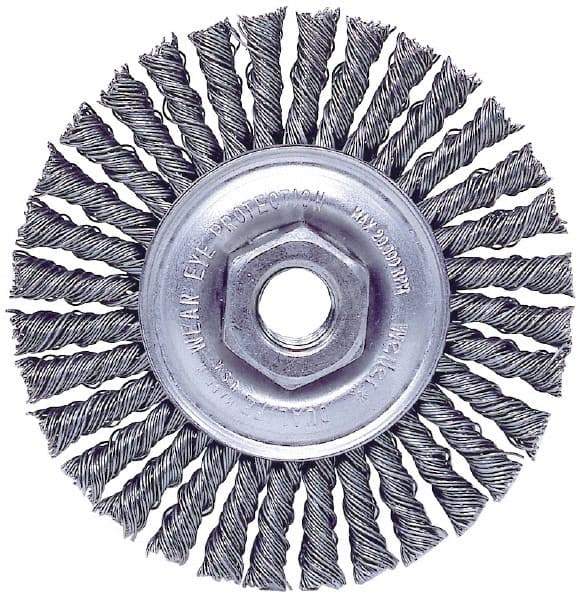 Weiler - 4" OD, M10x1.50 Arbor Hole, Knotted Stainless Steel Wheel Brush - 3/16" Face Width, 7/8" Trim Length, 0.02" Filament Diam, 20,000 RPM - Benchmark Tooling