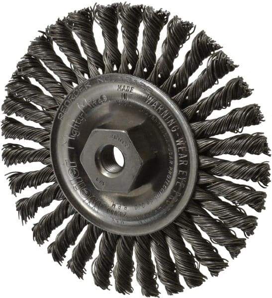 Weiler - 4" OD, 3/8-24 Arbor Hole, Knotted Steel Wheel Brush - 3/16" Face Width, 7/8" Trim Length, 0.02" Filament Diam, 20,000 RPM - Benchmark Tooling