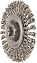 Weiler - 4" OD, 5/8-11 Arbor Hole, Knotted Stainless Steel Wheel Brush - 3/16" Face Width, 7/8" Trim Length, 0.02" Filament Diam, 20,000 RPM - Benchmark Tooling