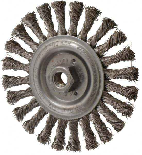 Weiler - 6" OD, 5/8-11 Arbor Hole, Knotted Stainless Steel Wheel Brush - 1/2" Face Width, 1-3/8" Trim Length, 0.023" Filament Diam, 12,500 RPM - Benchmark Tooling