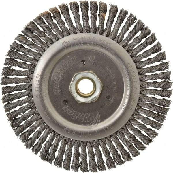 Weiler - 6" OD, 5/8-11 Arbor Hole, Knotted Steel Wheel Brush - 3/16" Face Width, 1-1/8" Trim Length, 0.02" Filament Diam, 12,500 RPM - Benchmark Tooling