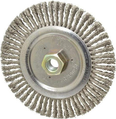 Weiler - 6" OD, 5/8-11 Arbor Hole, Knotted Stainless Steel Wheel Brush - 3/16" Face Width, 1-1/8" Trim Length, 0.02" Filament Diam, 12,500 RPM - Benchmark Tooling