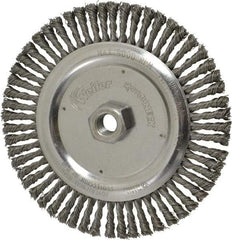 Weiler - 6-7/8" OD, 5/8-11 Arbor Hole, Knotted Steel Wheel Brush - 3/16" Face Width, 1-1/8" Trim Length, 0.02" Filament Diam, 9,000 RPM - Benchmark Tooling